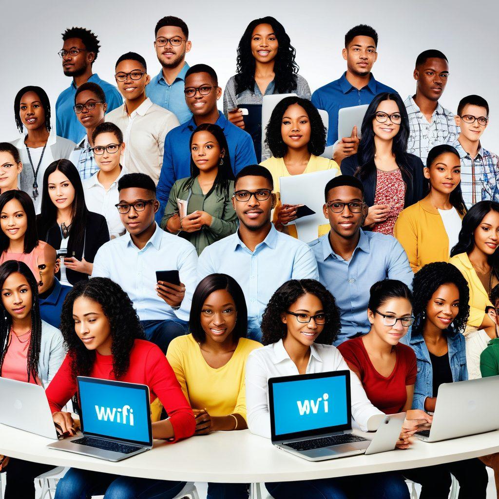A collage showcasing a diverse group of individuals using various devices, symbolizing overcoming barriers to internet access. Include imagery of broken chains, open doors with bright light streaming in, and digital icons representing connectivity. Incorporate elements of hope and empowerment to reflect solutions. super-realistic. vibrant colors. white background.