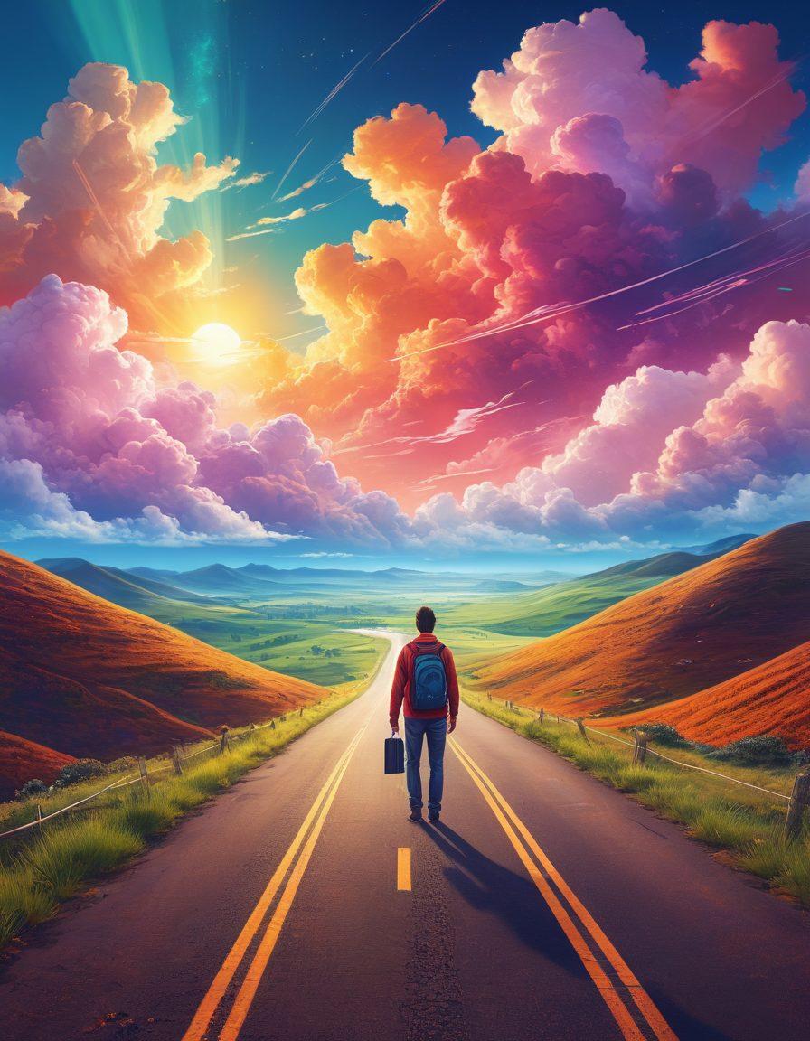 A serene digital landscape featuring an open road leading to a bright horizon symbolizing freedom, with diverse individuals of various backgrounds joyfully navigating the path on laptops and smartphones. Surrounding them are vibrant icons representing online tools and platforms, with a backdrop of clouds transforming into digital pixels. Emphasize a sense of adventure and empowerment in the online world. bright colors. vector art.
