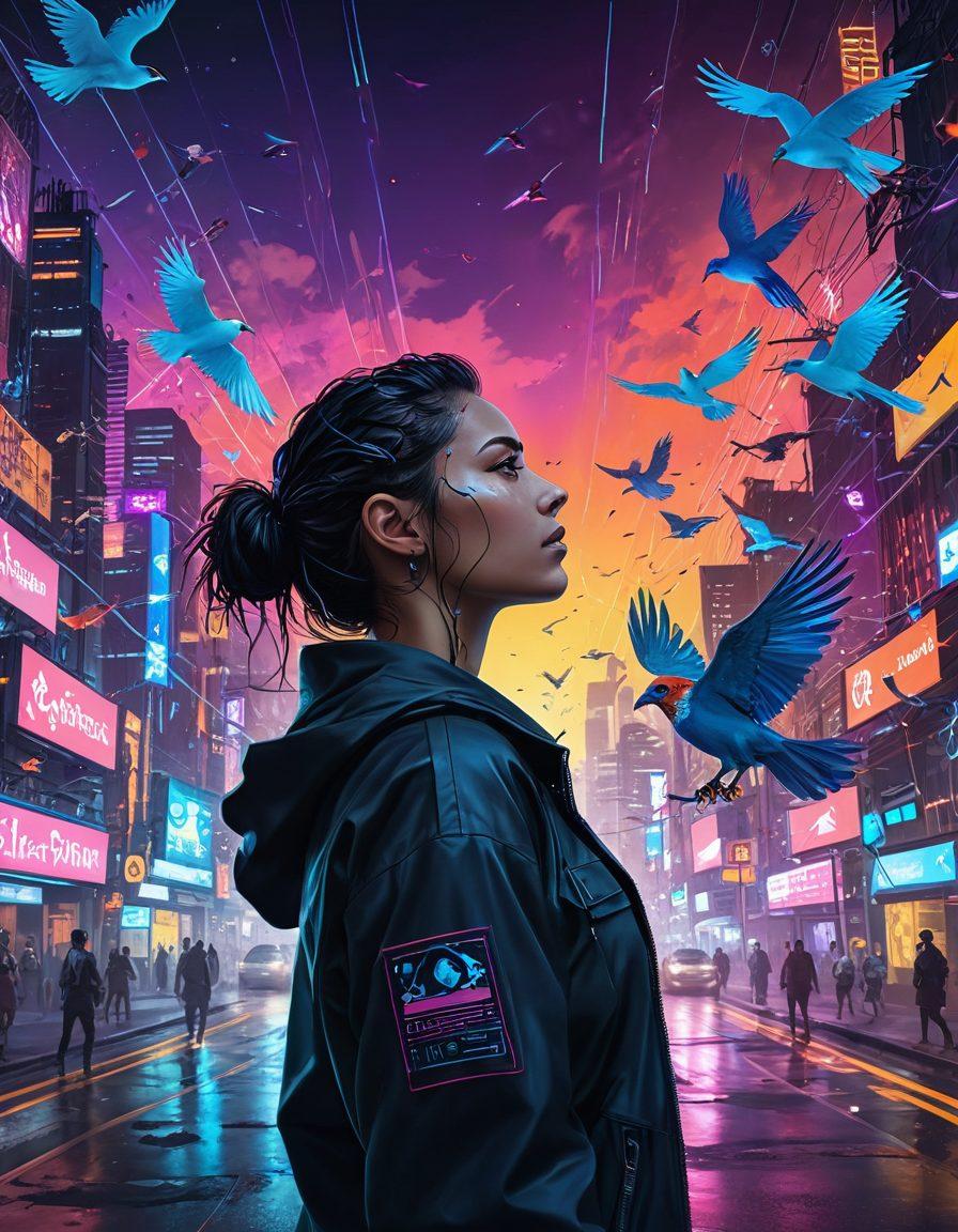 A dynamic digital landscape featuring a person joyfully navigating a colorful, abstract web of information and data streams. Include symbols of freedom like open locks and birds flying, intertwined with elements representing different online cultures and communities. The scene should radiate a sense of exploration and adventure, with vibrant colors and a sense of depth that draws the viewer in. cyberpunk. vibrant colors. super-realistic.